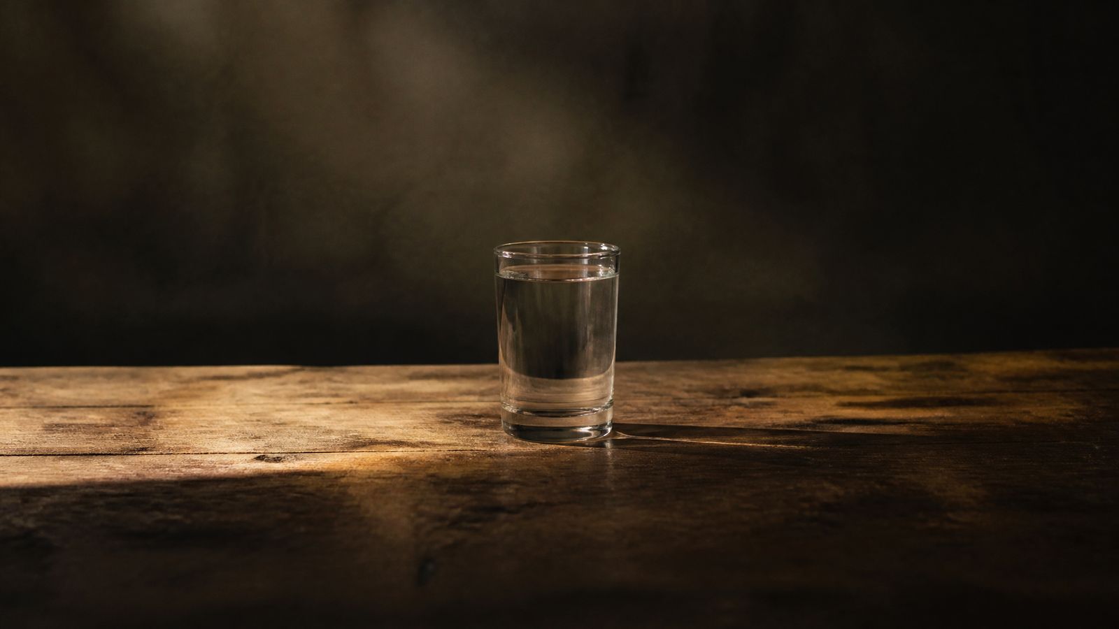 Un verre d'eau parfaitement immobile sur une table de bois usée